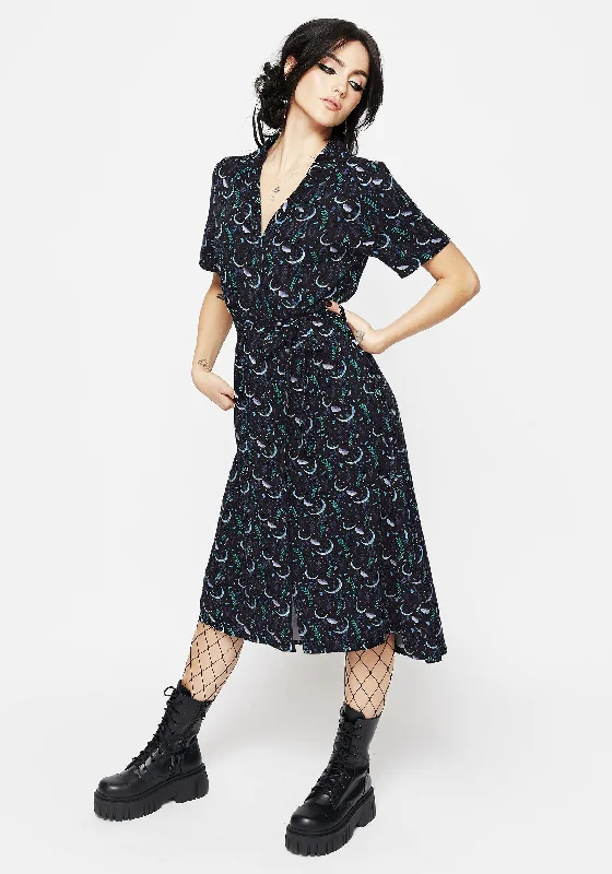 V-neck Shirt Dress-Diana Moon Moth Midi Shirt Dress