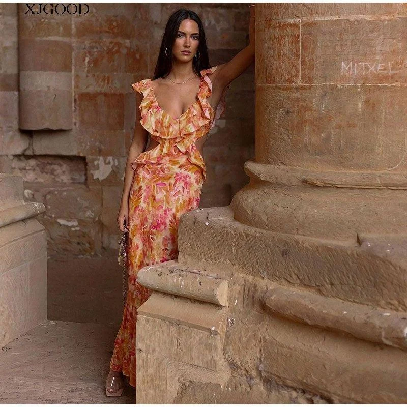Women's Maxi Dress with Embellishments-Diaz Floral Ruffled Maxi Dress