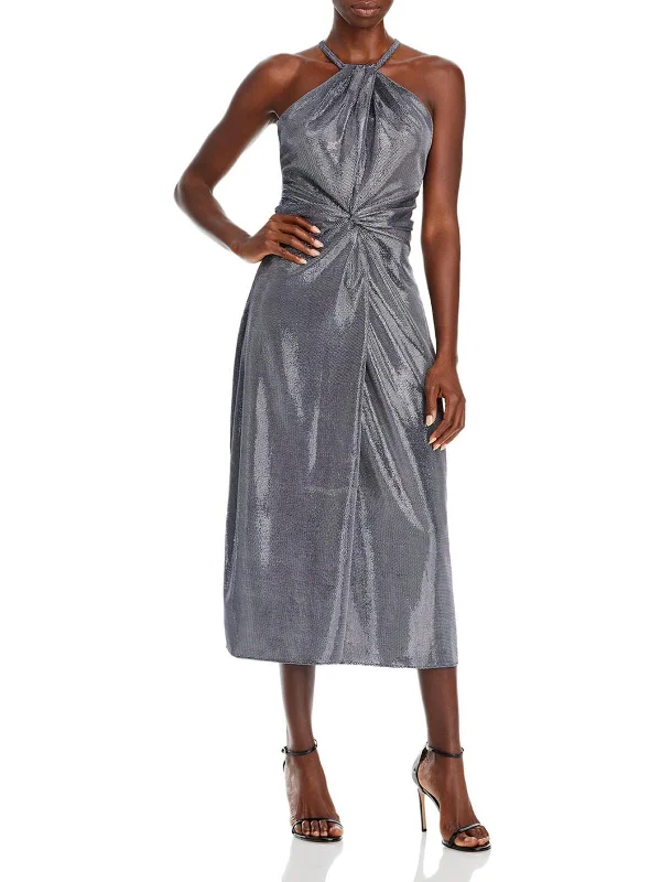 White Satin Party Dress for Elegant Affair -Dina Womens Metallic Halter Cocktail and Party Dress