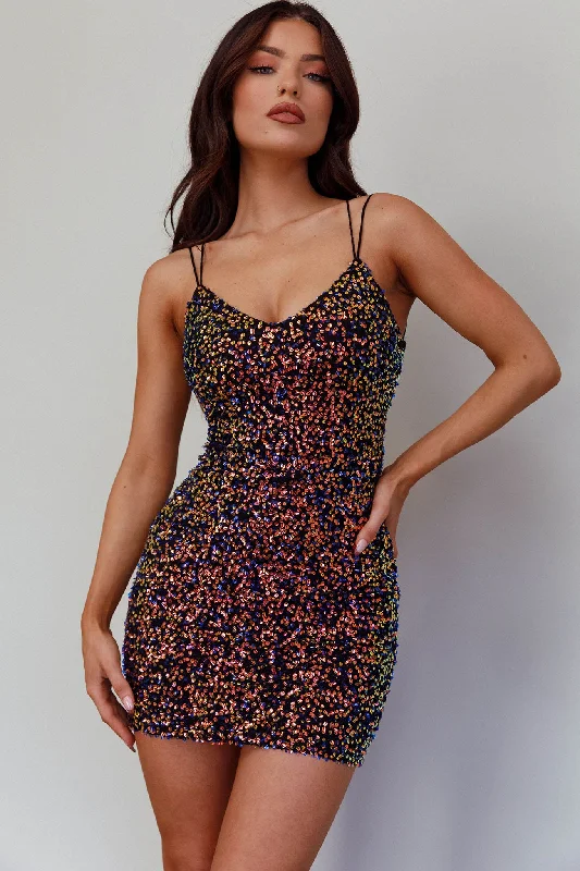 Women's A-line Frill Mini Dress-Disco Fever Strappy Back Sequin Mini Dress Black
