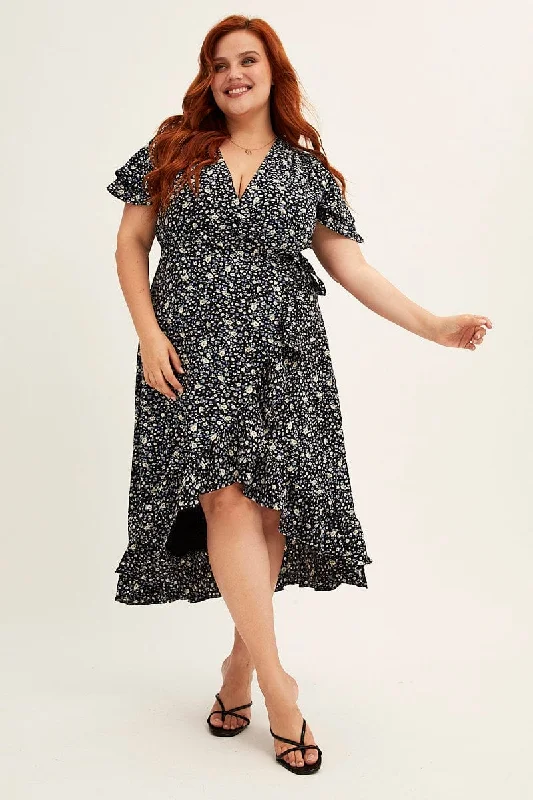 Elegant Satin Wrap Dress for Wedding -Short Wrap Dress for Cocktail Party -Ditsy Print Short Sleeve Frill Hem Wrap Dress Elegant Satin Wrap Dress for Wedding -Short Wrap Dress for Cocktail Party -Ditsy Print Short Sleeve Frill Hem Wrap Dress