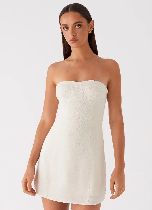Women's Deep V-neck Sleeveless Mini Dress-Do It That Way Linen Mini Dress - Ivory