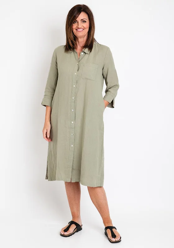 Pockets Shirt Dress for Women-Dolcezza Linen Tunic Shirt Dress, Khaki