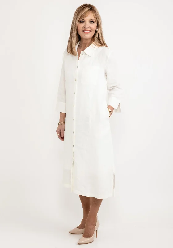 Button-up Relaxed Shirt Dress-Dolcezza Linen Tunic Shirt Dress, Off White