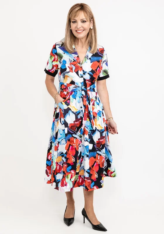 Women's Belted Shirt Dress with Print-Dolcezza Bold Print Midi Shirt Dress, Multi