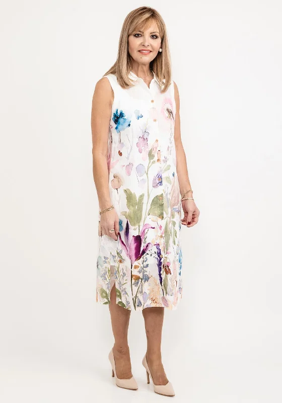 Trendy Black Shirt Dress-Dolcezza Linen Floral Shirt Dress, Off White