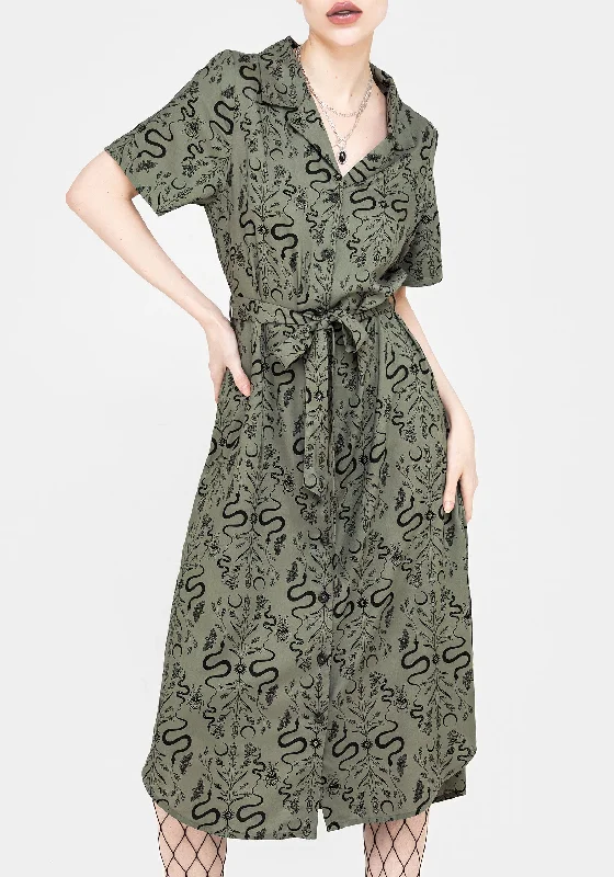 White Button-down Shirt Dress-Dominion Snake Print Midi Shirt Dress