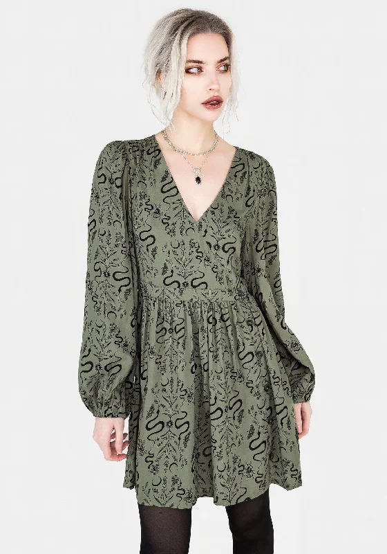 Women's A-line Pleated Mini Dress-Dominion Snake Print V-Neck Mini Dress