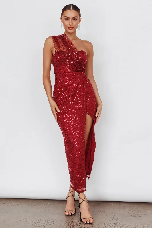 Women's Lace Bodice Maxi Dress-Doniella One-Shoulder Split Sequin Maxi Dress Wine