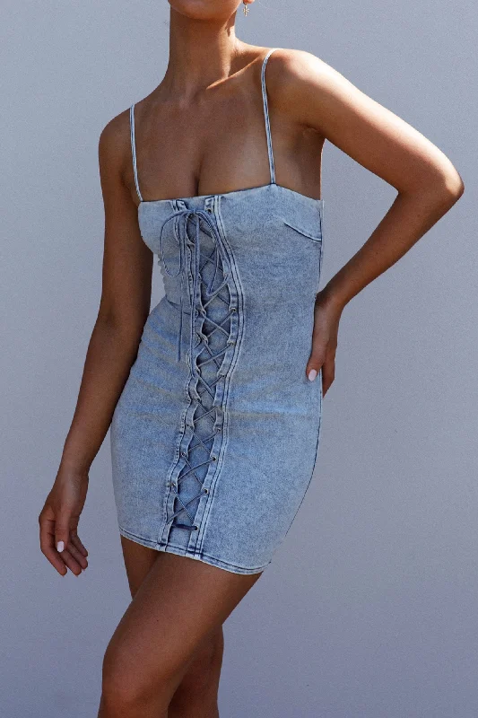 Women's Long Sleeve Velvet Mini Dress-Don't Try Me Lace Up Mini Dress Denim
