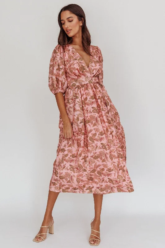 Wrap Dress with Crossover Detail -Floral Print Wrap Dress -Doris Floral Puff Sleeve Midi Wrap Dress Blush Wrap Dress with Crossover Detail -Floral Print Wrap Dress -Doris Floral Puff Sleeve Midi Wrap Dress Blush