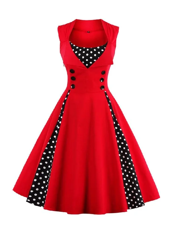 Summer Flare Dress -Double-breasted Contrast Polka Dot Flare Dress