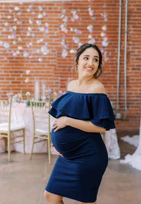 Maternity Dresses with Polka Dots -Double Ruffle Off Shoulder Maternity Dress