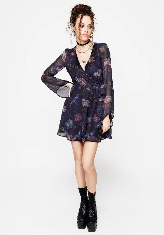 Women's Modern A-line Mini Dress-Dragonfly Floral Print Flute Sleeve Chiffon Mini Dress