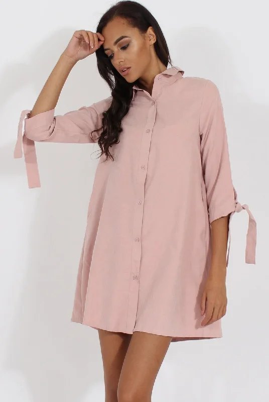 Women's Classic Button Shirt Dress-Dusky Pink Suede Tie Cuff Oversized Shirt Dress - Deborah