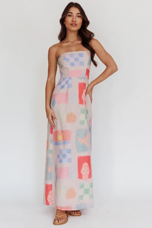 Women's Floral Open-back Maxi Dress-Eastern Sun Strapless Abstract Print Maxi Dress Multi