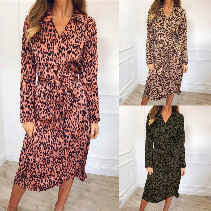 Sleeveless A-line Shirt Dress-2019 Woman Summer fashion sexy leopard V-Neck Dress long sleeve shirt dresses women plus size dress with belt vestidos