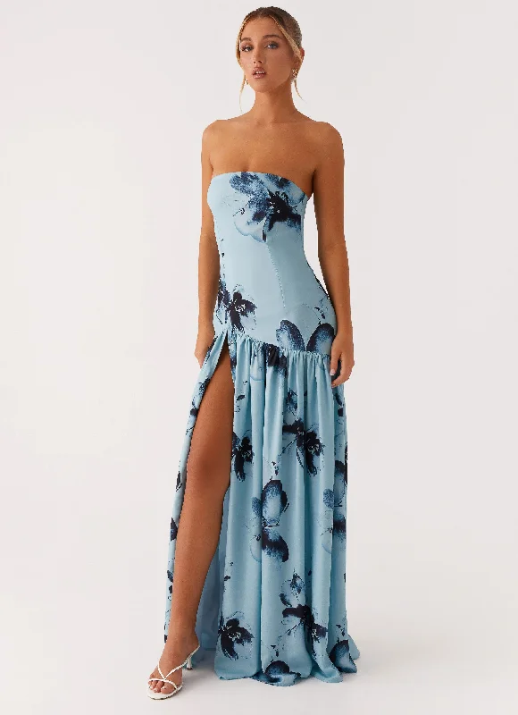 Women's Open Back Silk Maxi Dress-Eden Strapless Maxi Dress - Blue Black Floral