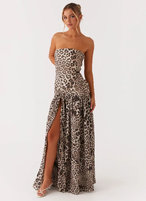 Women's Sleeveless V-neck Maxi Dress-Eden Strapless Maxi Dress - Leopard