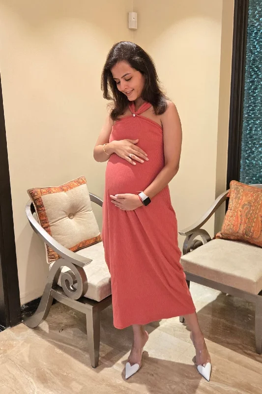 Maternity Dresses for Date Night -Effortless Melon Ribbed Maternity Fitted Dress