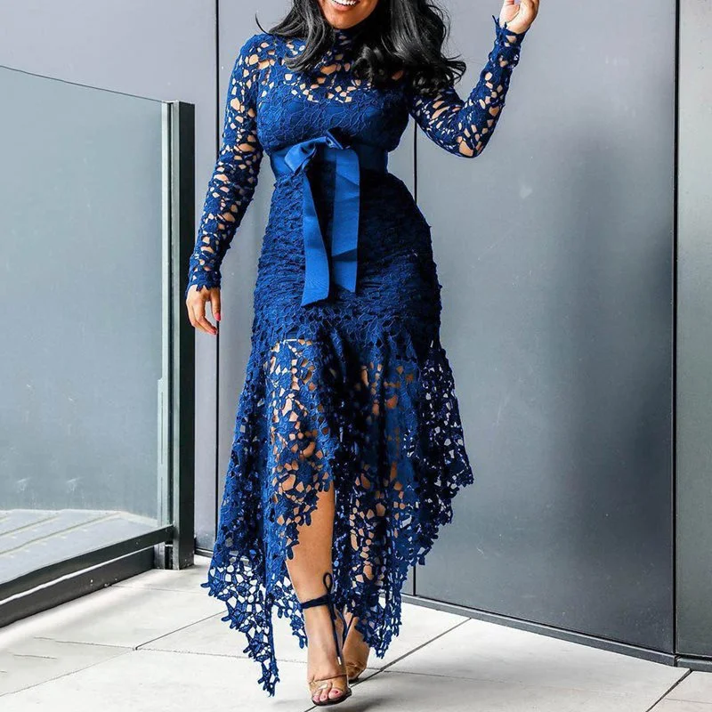Women's Bodycon Dress with Fitted Waist -Elegant Vintage Party Sexy Black Big Size Women Long Dresses Hollow Lace Mesh Beach Bodycon Blue 4XL African Fashion Maxi Dress
