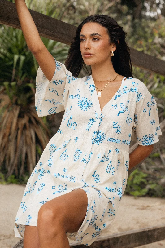 Women's White Mini Dress-Elias Mini Dress - Beige Blue