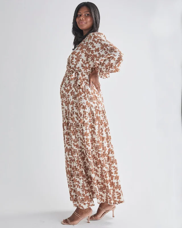 Modern Wrap Dress for Fashionistas -Women's Midi Wrap Dress -Elise Maternity Wrap Dress Nude Floral Print in White Modern Wrap Dress for Fashionistas -Women's Midi Wrap Dress -Elise Maternity Wrap Dress Nude Floral Print in White