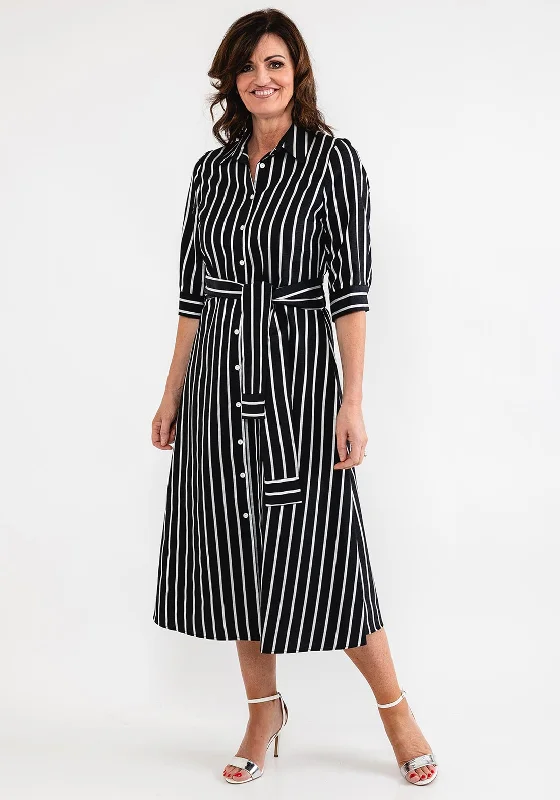 Women's Button Shirt Dress-Ella Boo Striped Maxi Shirt Dress, Black & White