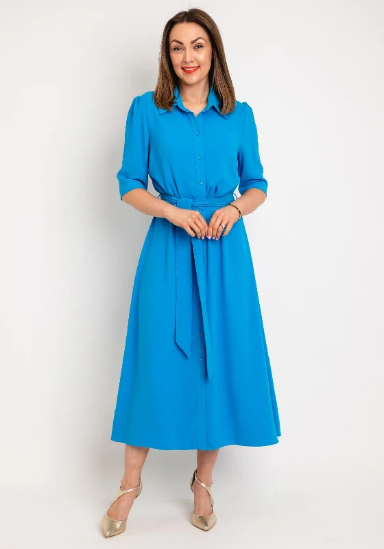 Printed Belted Shirt Dress-Ella Boo Button Down Long Shirt Dress, Ocean
