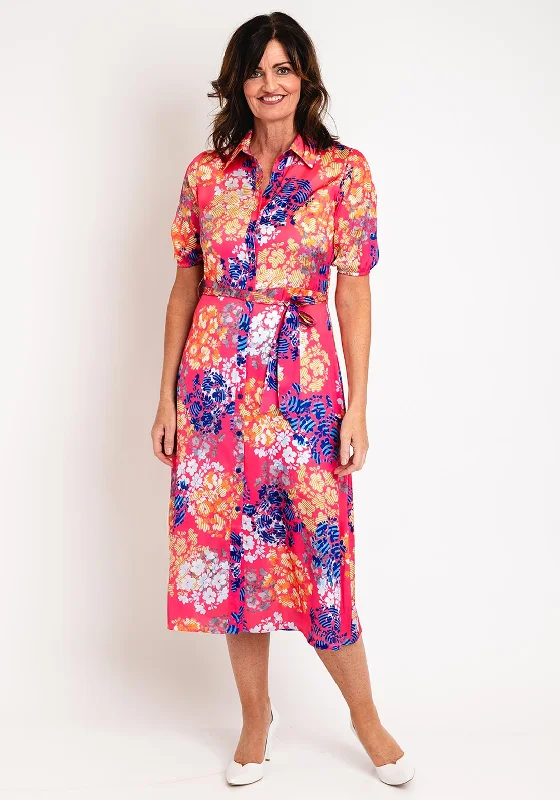 Soft Summer Shirt Dress-Ella Boo Floral Print Midi Shirt Dress, Pink