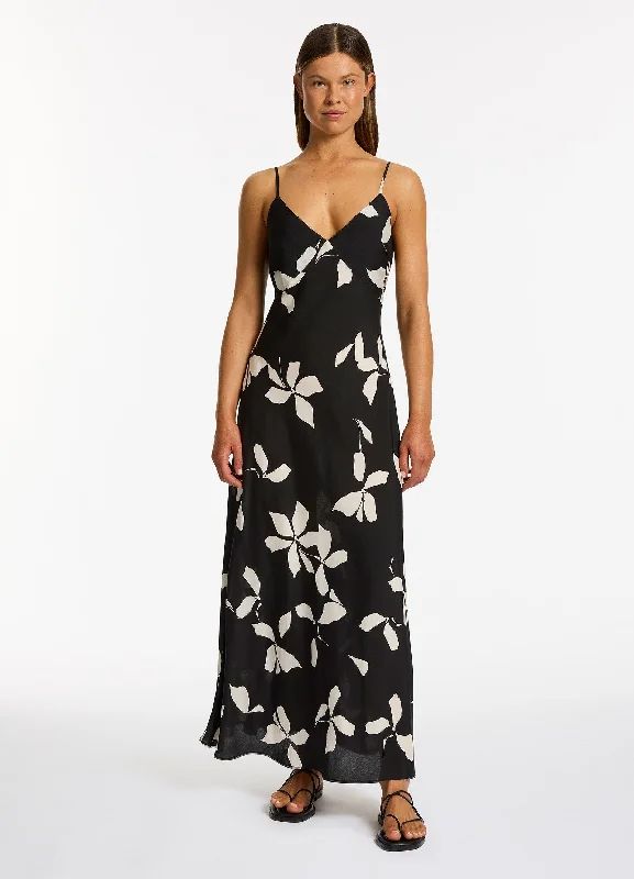 Slip Dress with Draped Skirt -Women's Slip Dress with Gold Details -Elora Bloom Slip Maxi Dress - Black