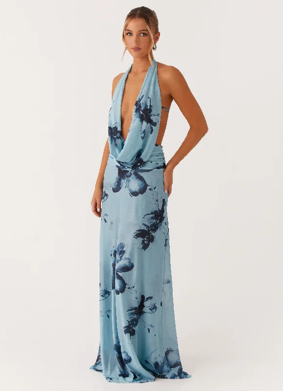 Women's Plunging V-neck Maxi Dress-Elysia Mesh Maxi Dress - Blue Black Floral