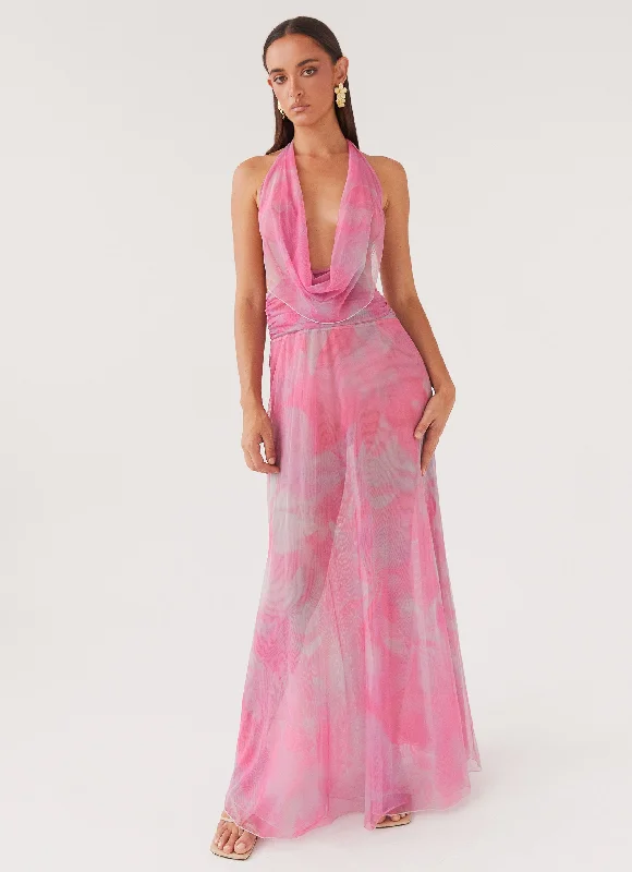Women's Two-piece Maxi Dress-Elysia Mesh Maxi Dress - Pink Floral