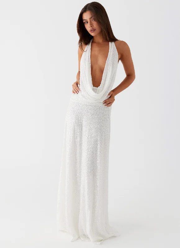 Women's Maxi Dress with Puff Sleeves-Elysia Sequin Maxi Dress - White