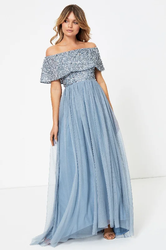 Women's Tie Detail Maxi Dress-Embellished Bardot Maxi Dress Blue