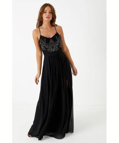 Women's Frill Maxi Dress-Embellished Maxi Dress Black