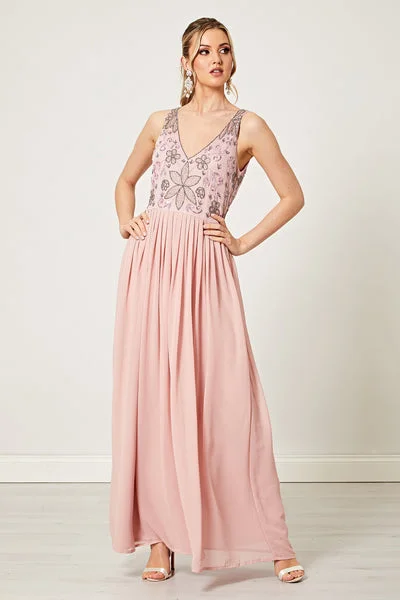 Women's Black Satin Maxi Dress-Embellished Maxi Pink Dress