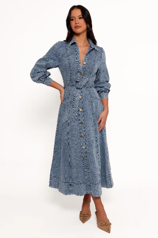 Women's Adjustable Strap Maxi Dress-Emberly Long Sleeve Maxi Dress - Denim