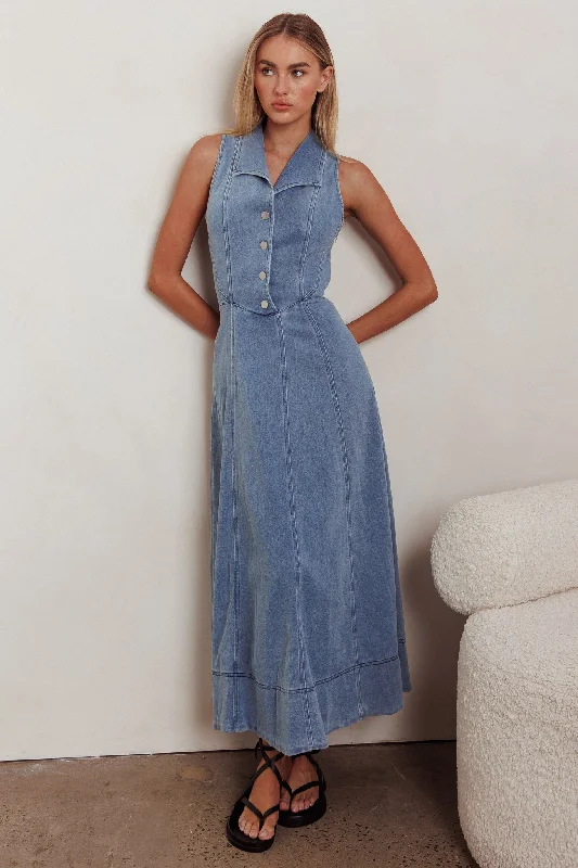 Women's Ruffle Hem Maxi Dress-Entertain Me Sleeveless A-Line Maxi Dress Denim Blue
