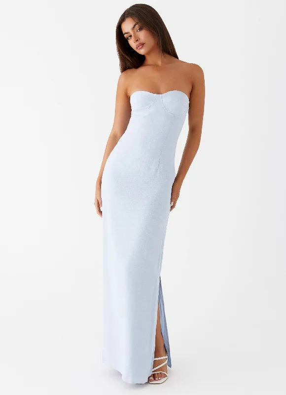 Women's Vintage Maxi Dress-Esra Linen Strapless Maxi Dress - Blue