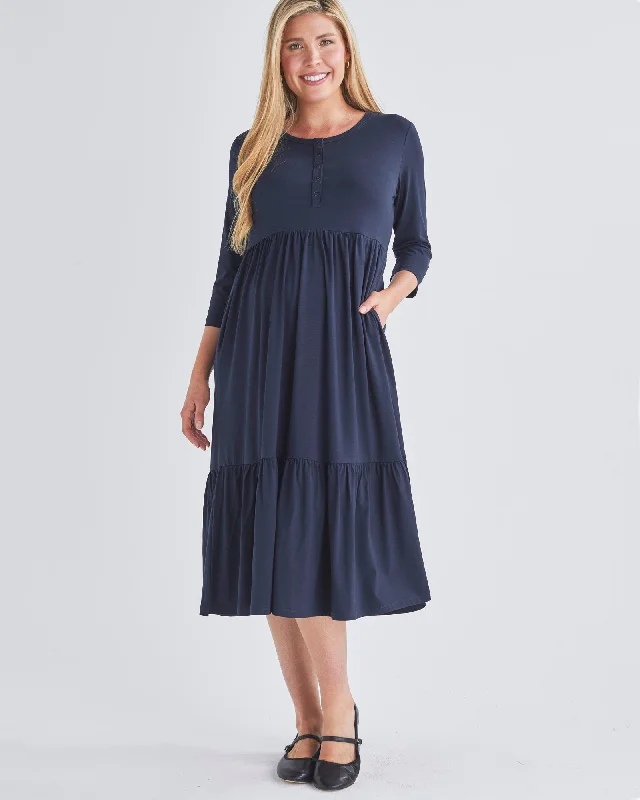 Maternity Dresses with Contrast Panels -Essential Maternity Midi Dress in Navy