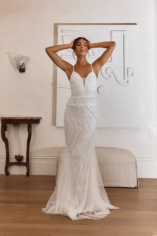 Women's Swing Maxi Dress-Eternal Love Sequin Godet Hem Maxi Dress White