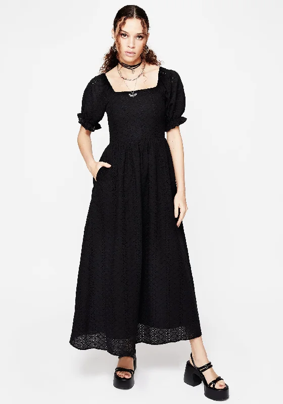 Women's High Waist Maxi Dress-Euthymia Broderie Puff Sleeve Maxi Dress