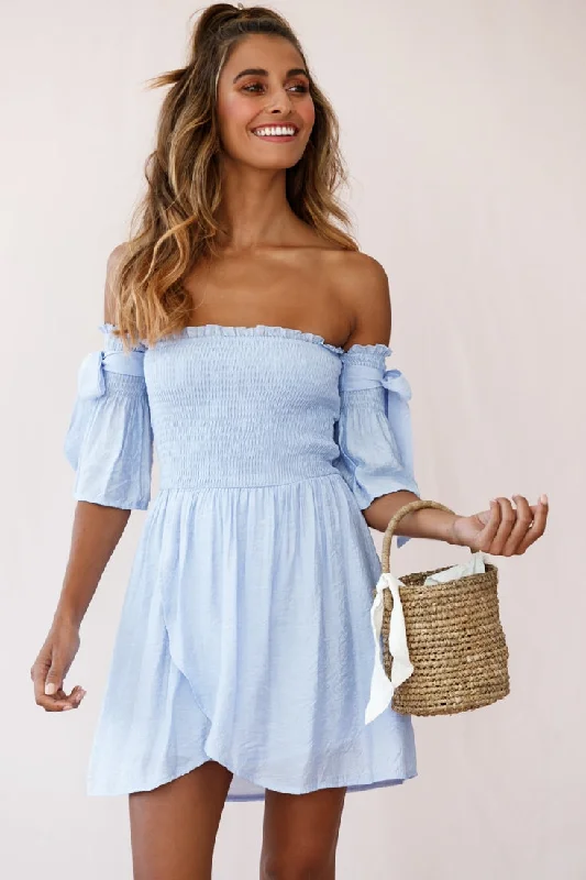 Doll Dress with Lace Back Detail -Eva Babydoll Off-The-Shoulder Dress Steel Blue