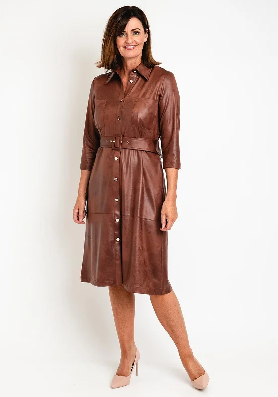Button Front Shirt Dress-Eva Kayan Leather Look Midi Shirt Dress, Cinnamon