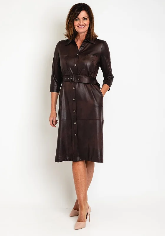Boho Shirt Dress-Eva Kayan Leather Look Midi Shirt Dress, Mocca