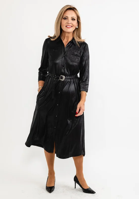Women's Party Shirt Dress-Eva Kayan Leather Look Midi Shirt Dress, Black