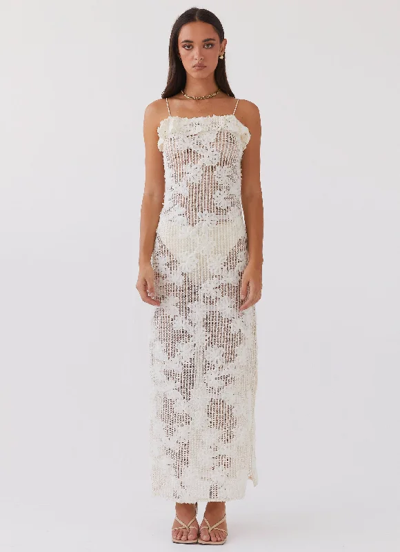 Women's Button Front Maxi Dress-Evangeline Embroidered Maxi Dress - Ivory Tea