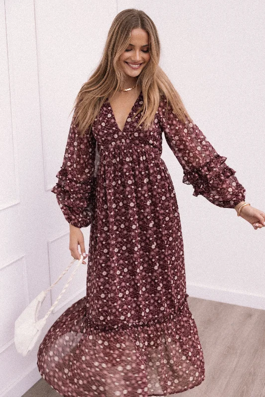 Women's Floral Open Back Maxi Dress-Evian Long Sleeve Maxi Dress - Burgundy Multi