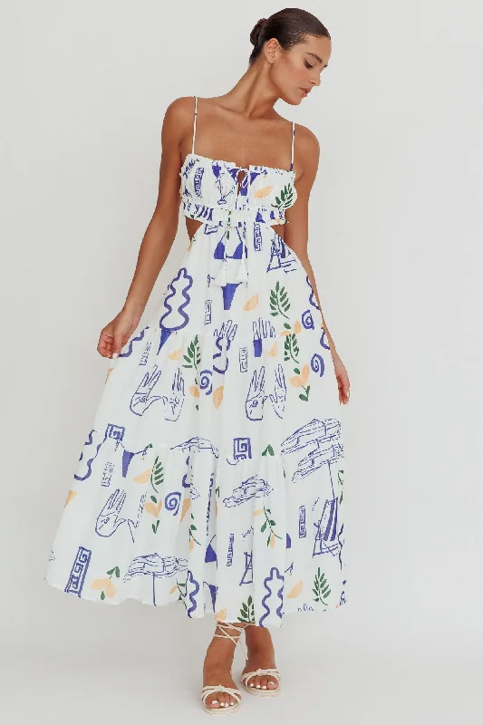 Women's Lightweight Maxi Dress-Eyona Cut-Out Back Print Maxi Dress White